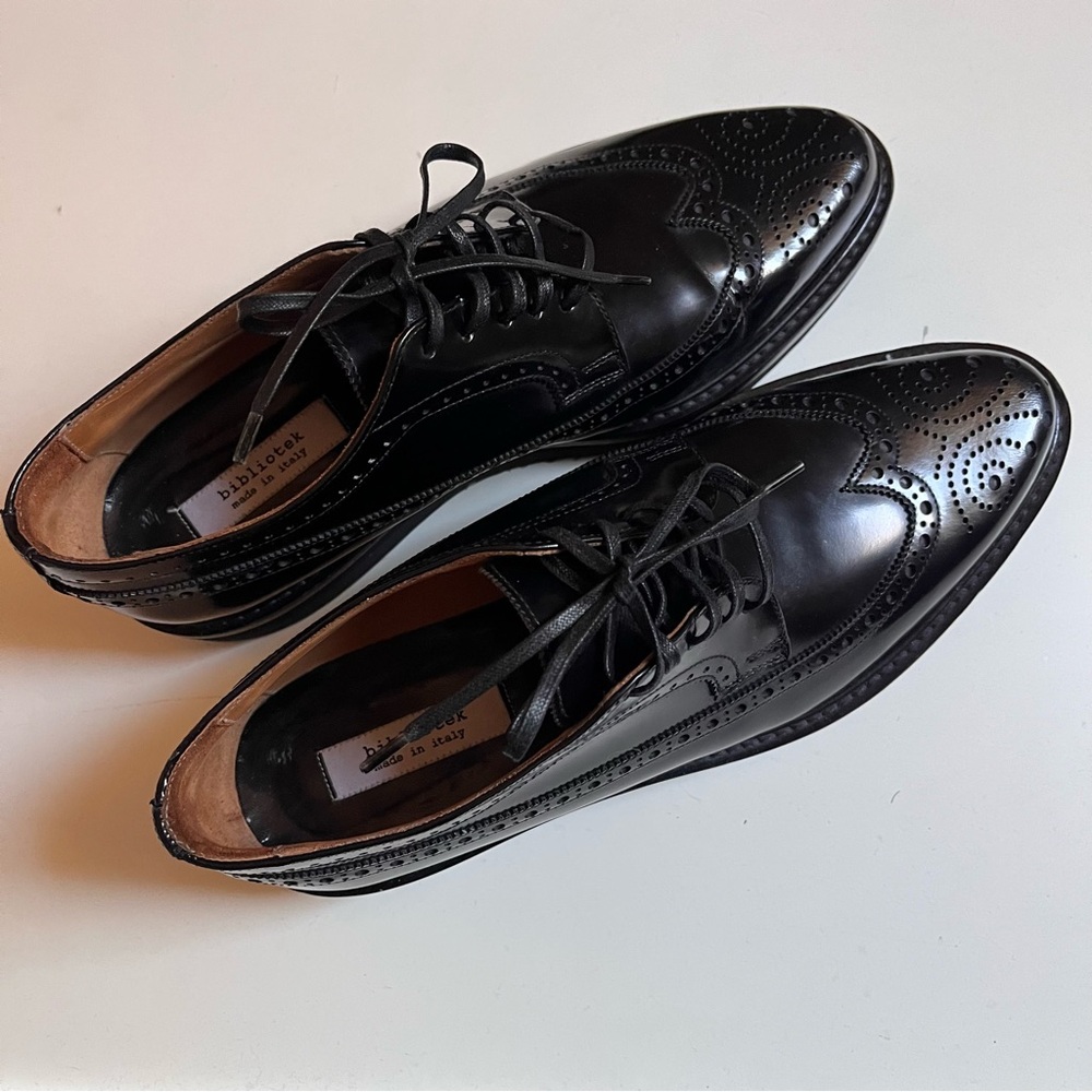 Bibliotek Black Leather Brogue Wingtip Lace Up Platform Oxfords